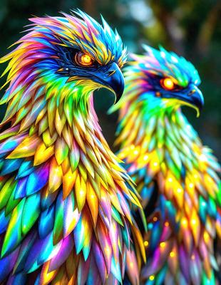 The primary subject of the image is a colorful bird with a rainbow-colored feather pattern. The bird is standing next to another bird with a similar colorful appearance. The setting is a forest, with trees visible in the background. The visual style of the image is a combination of photo and digital art, creating a vibrant and lively atmosphere. The dominant colors in the image are rainbow hues, which contribute to the overall cheerful and lively mood.